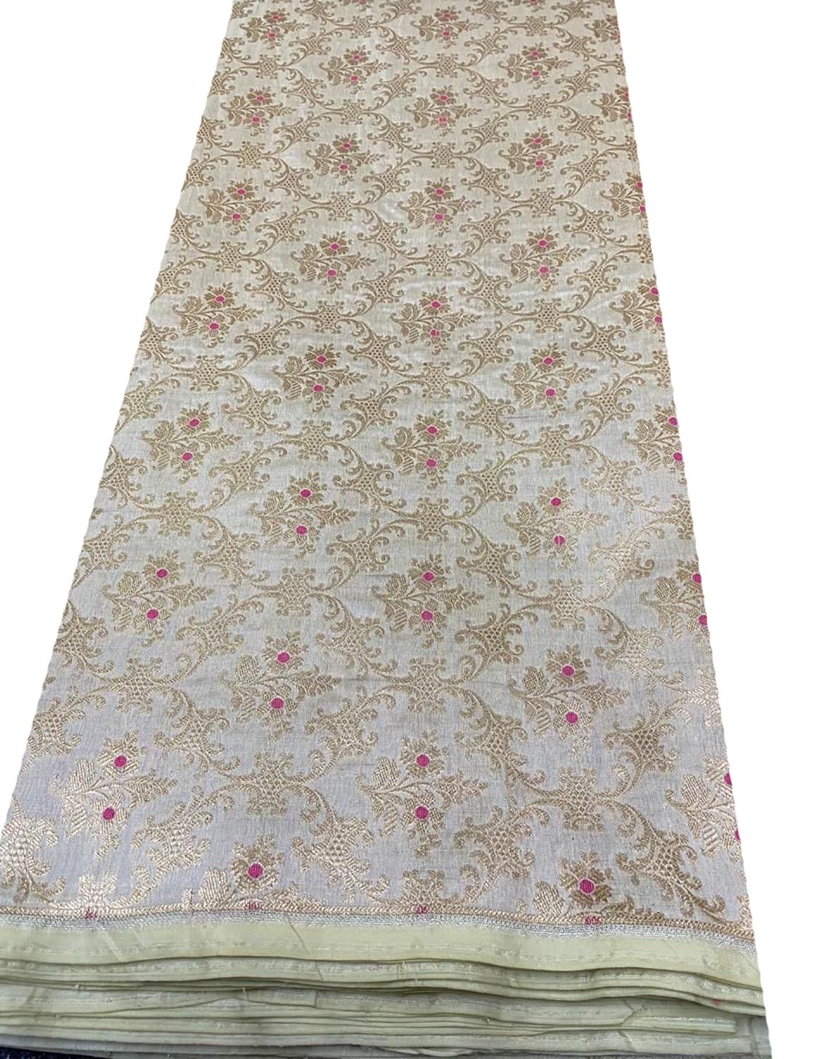 Elegant White Handloom Banarasi Silk Meenakari Flower Design Fabric ( 2.5 Mtr ) - Luxurion World