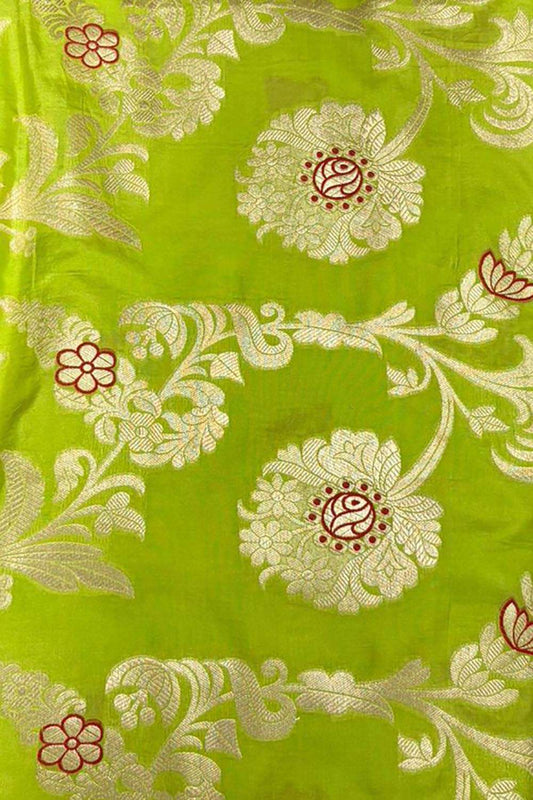 Green Handloom Banarasi Silk Meenakari Flower Design Fabric ( 2.5 Mtr ) - Luxurion World