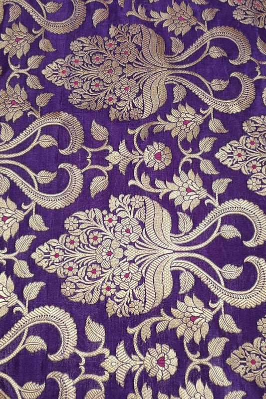 Exquisite Purple Handloom Banarasi Silk Meenakari Flower Design Fabric ( 2.5 Mtr ) - Luxurion World