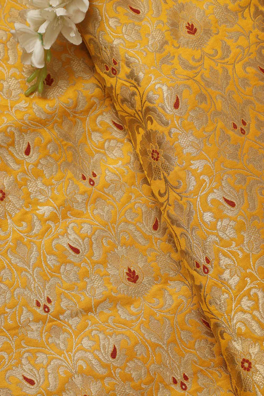 Yellow Banarasi Kimkhwab Silk Meenakari Fabric ( 1 Mtr ) - Luxurion World