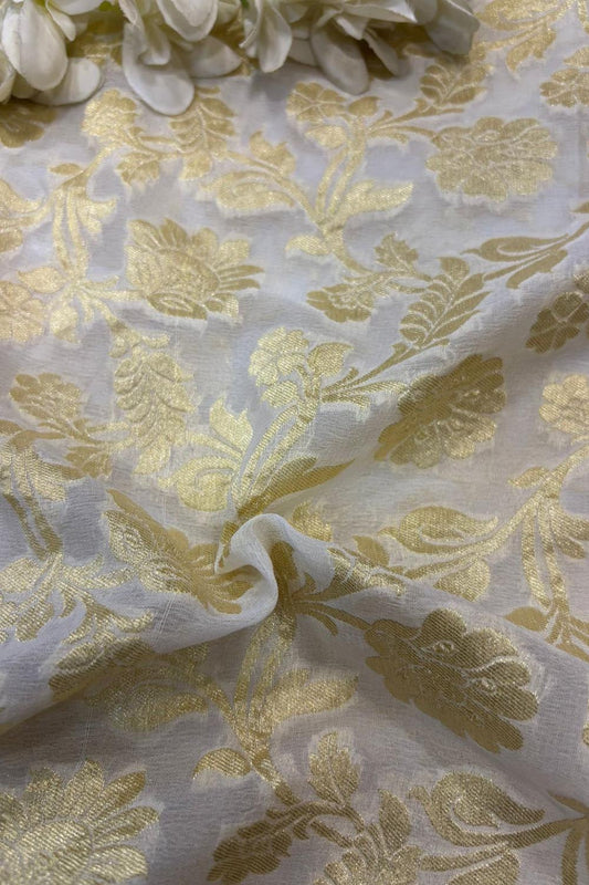Dyeable Handloom Banarasi Pure Georgette Flower Design Fabric ( 1 Mtr ) - Luxurion World