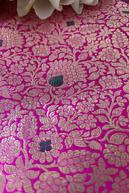 Exquisite Pink Banarasi Pure Katan Silk Meenakari Flower Design Fabric ( 2.5 Mtr ) - Luxurion World