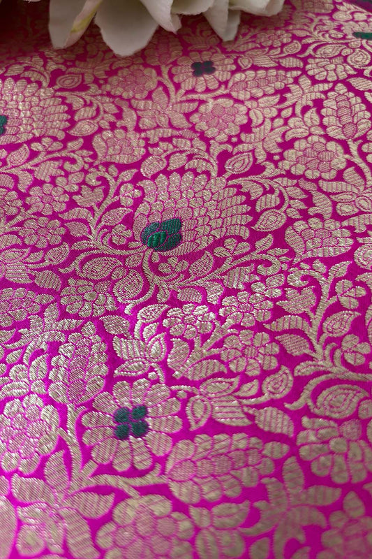 Exquisite Pink Banarasi Pure Katan Silk Meenakari Flower Design Fabric ( 2.5 Mtr ) - Luxurion World