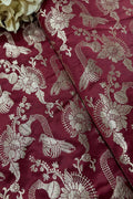 Maroon Banarasi Mashru Silk Flower And Bird Design Fabric ( 1 Mtr ) - Luxurion World