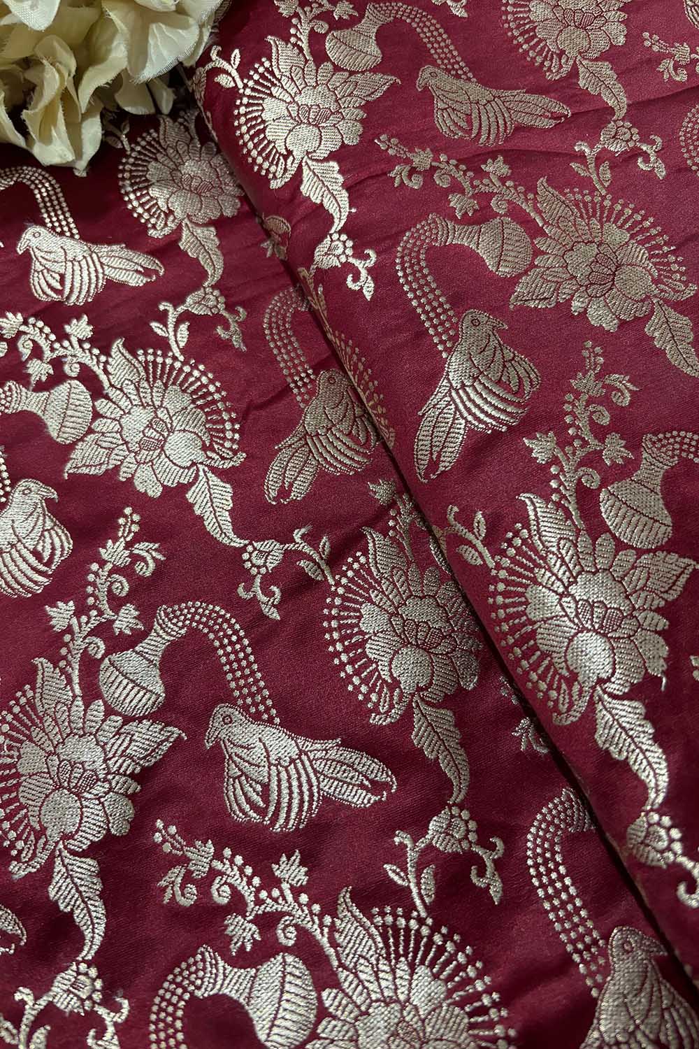 Maroon Banarasi Mashru Silk Flower And Bird Design Fabric ( 1 Mtr ) - Luxurion World