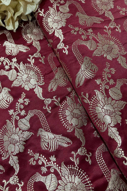 Maroon Banarasi Mashru Silk Flower And Bird Design Fabric ( 1 Mtr ) - Luxurion World