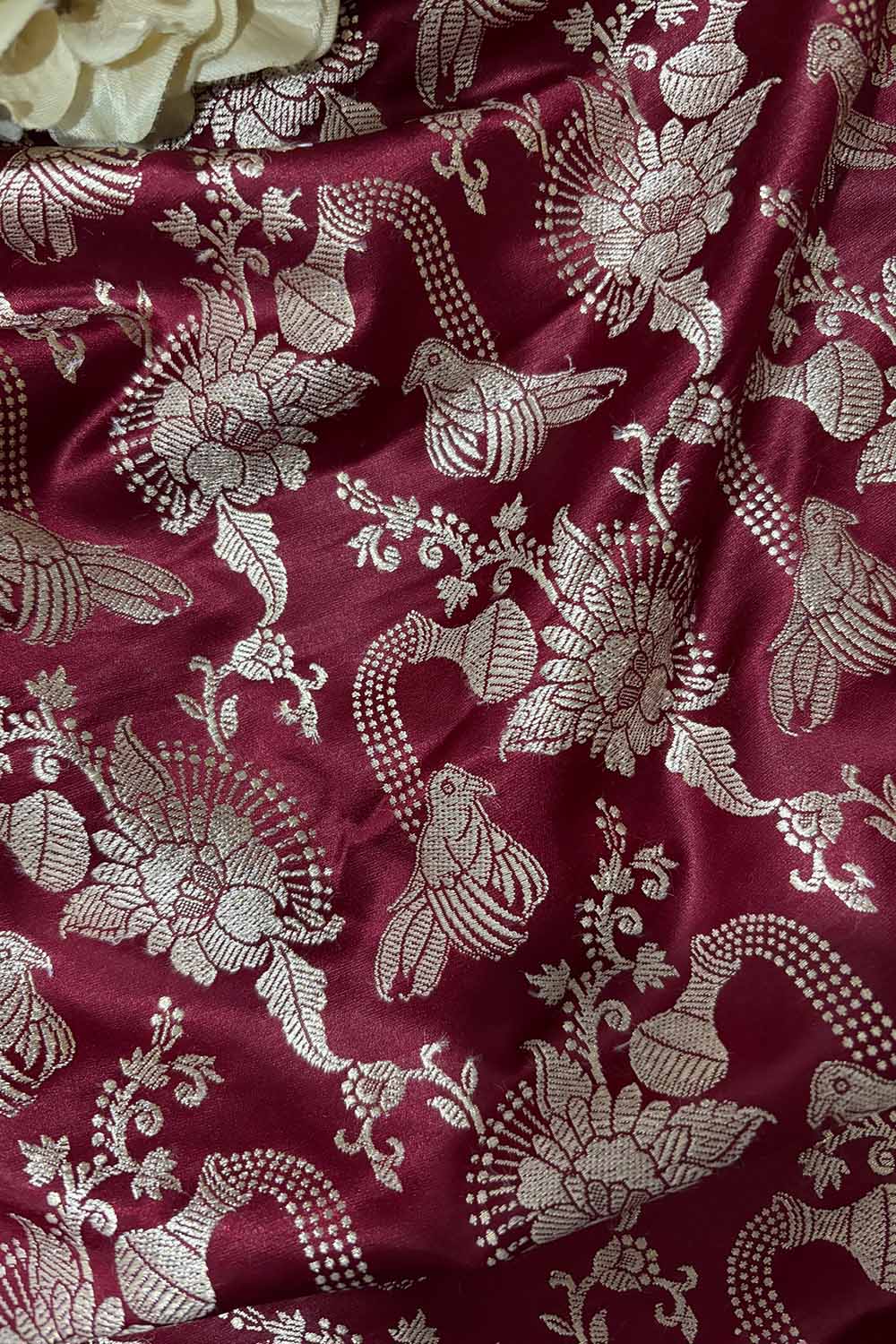 Maroon Banarasi Mashru Silk Flower And Bird Design Fabric ( 1 Mtr ) - Luxurion World