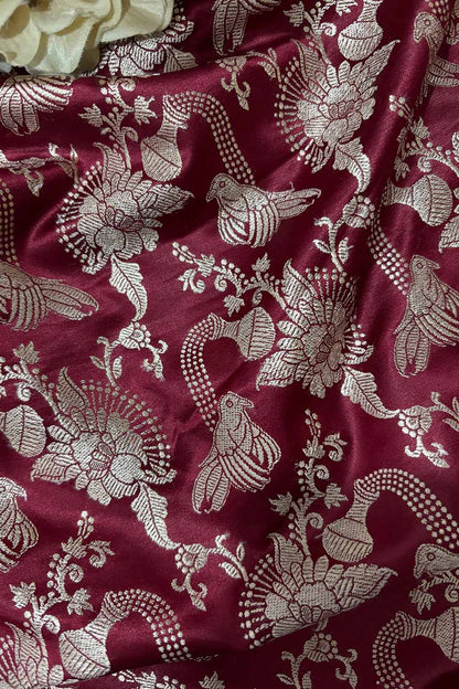 Maroon Banarasi Mashru Silk Flower And Bird Design Fabric ( 1 Mtr ) - Luxurion World