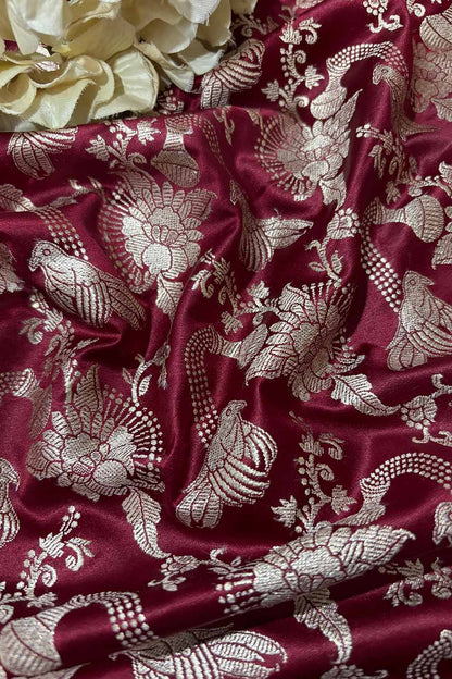 Maroon Banarasi Mashru Silk Flower And Bird Design Fabric ( 1 Mtr ) - Luxurion World