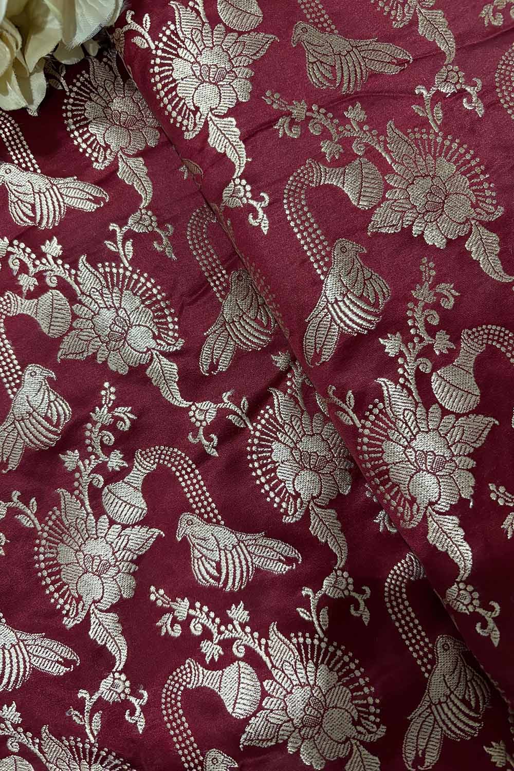 Maroon Banarasi Mashru Silk Flower And Bird Design Fabric ( 1 Mtr ) - Luxurion World