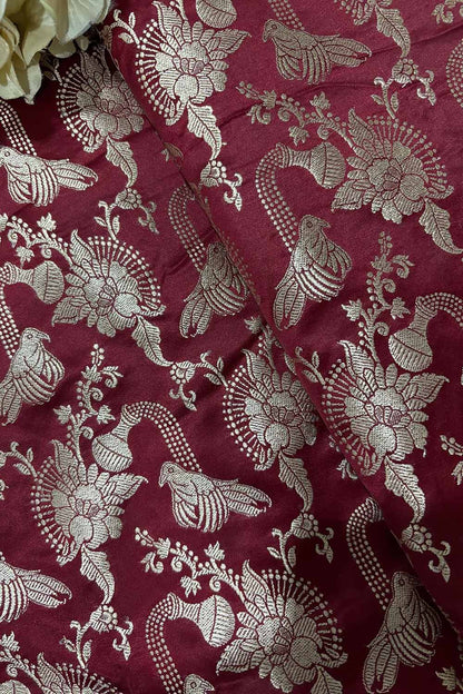 Maroon Banarasi Mashru Silk Flower And Bird Design Fabric ( 1 Mtr ) - Luxurion World