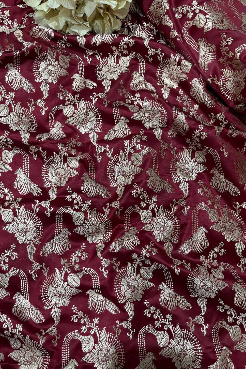 Maroon Banarasi Mashru Silk Flower And Bird Design Fabric ( 1 Mtr ) - Luxurion World