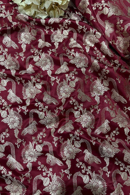 Maroon Banarasi Mashru Silk Flower And Bird Design Fabric ( 1 Mtr ) - Luxurion World