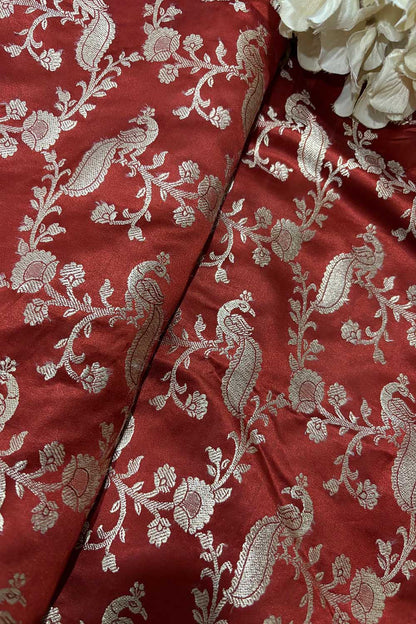 Burnt Orange Banarasi Mashru Silk Flower And Bird Design Fabric ( 1 Mtr ) - Luxurion World