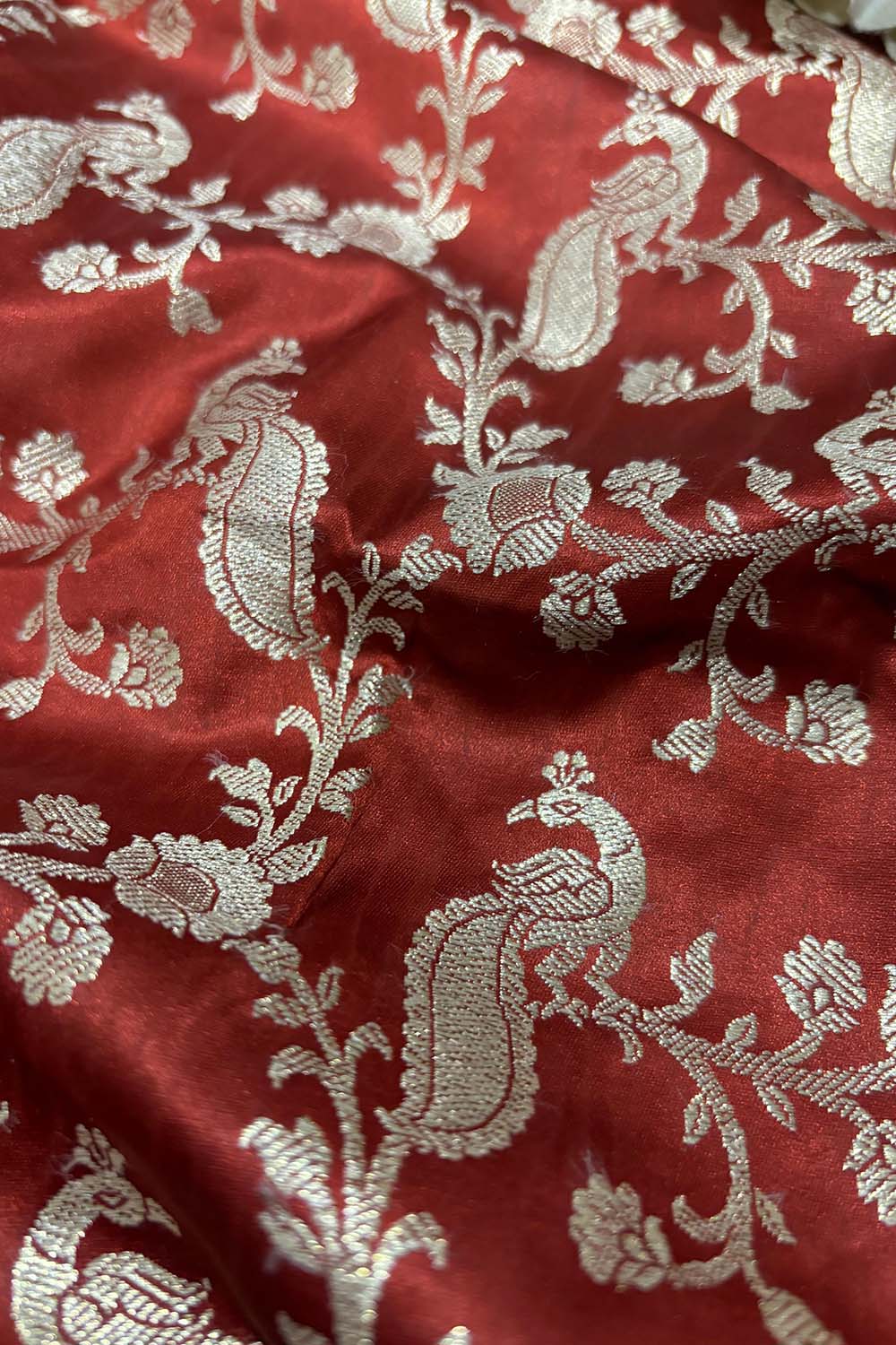Burnt Orange Banarasi Mashru Silk Flower And Bird Design Fabric ( 1 Mtr ) - Luxurion World