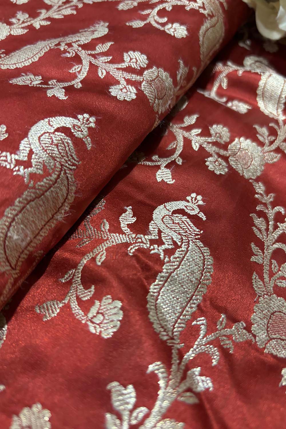 Burnt Orange Banarasi Mashru Silk Flower And Bird Design Fabric ( 1 Mtr ) - Luxurion World