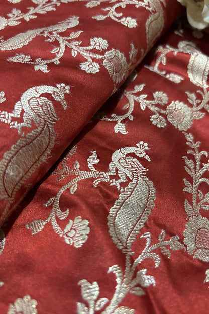 Burnt Orange Banarasi Mashru Silk Flower And Bird Design Fabric ( 1 Mtr ) - Luxurion World