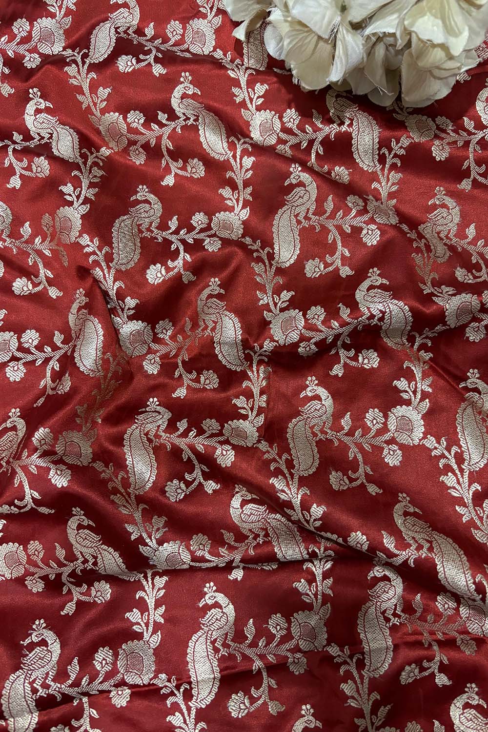 Burnt Orange Banarasi Mashru Silk Flower And Bird Design Fabric ( 1 Mtr ) - Luxurion World