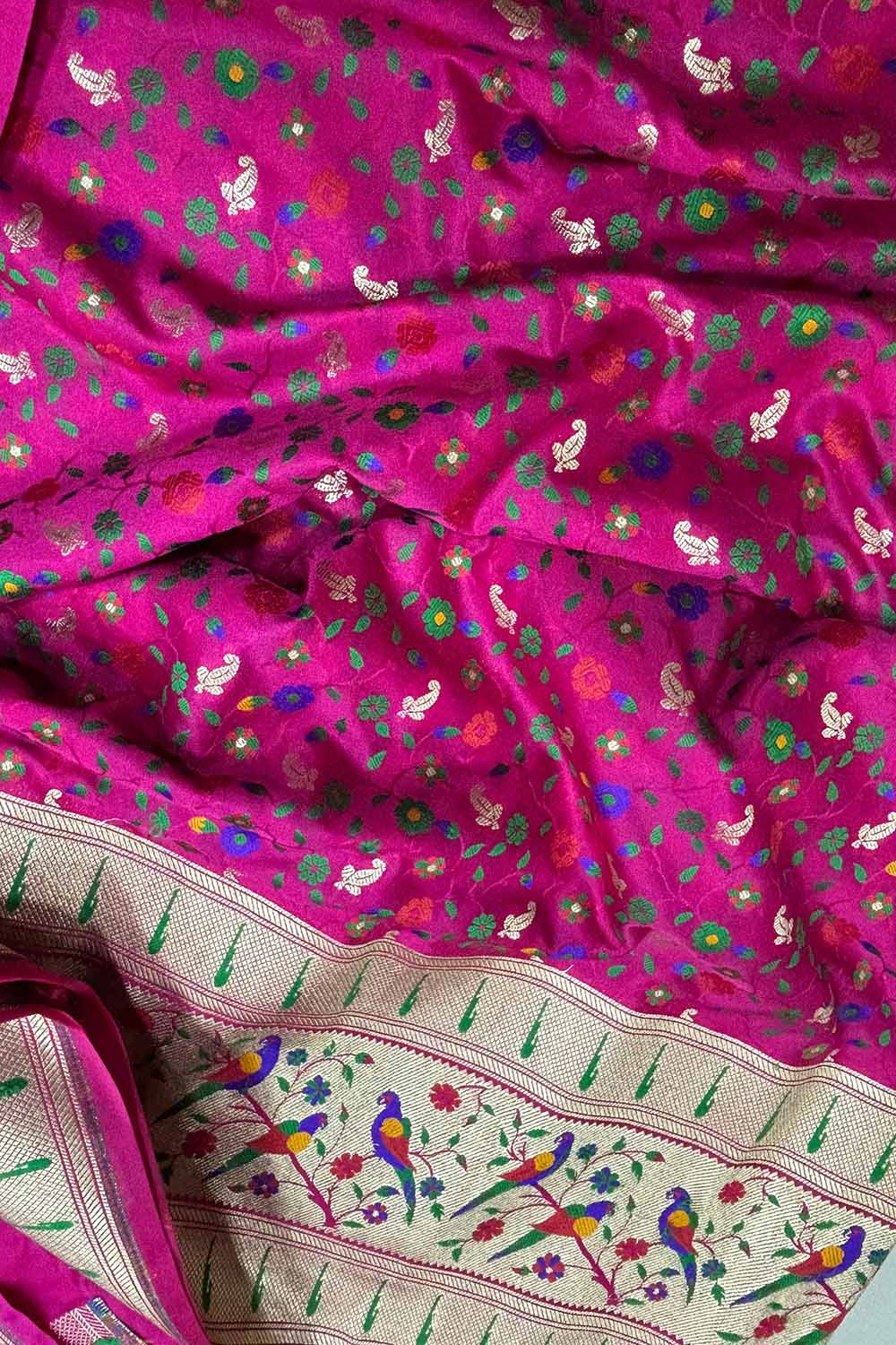 Pink Banarasi Silk Paithani Border Flower And Bird Design Fabric ( 1 Mtr ) - Luxurion World