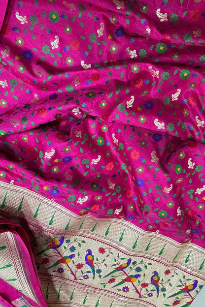 Pink Banarasi Silk Paithani Border Flower And Bird Design Fabric ( 1 Mtr ) - Luxurion World