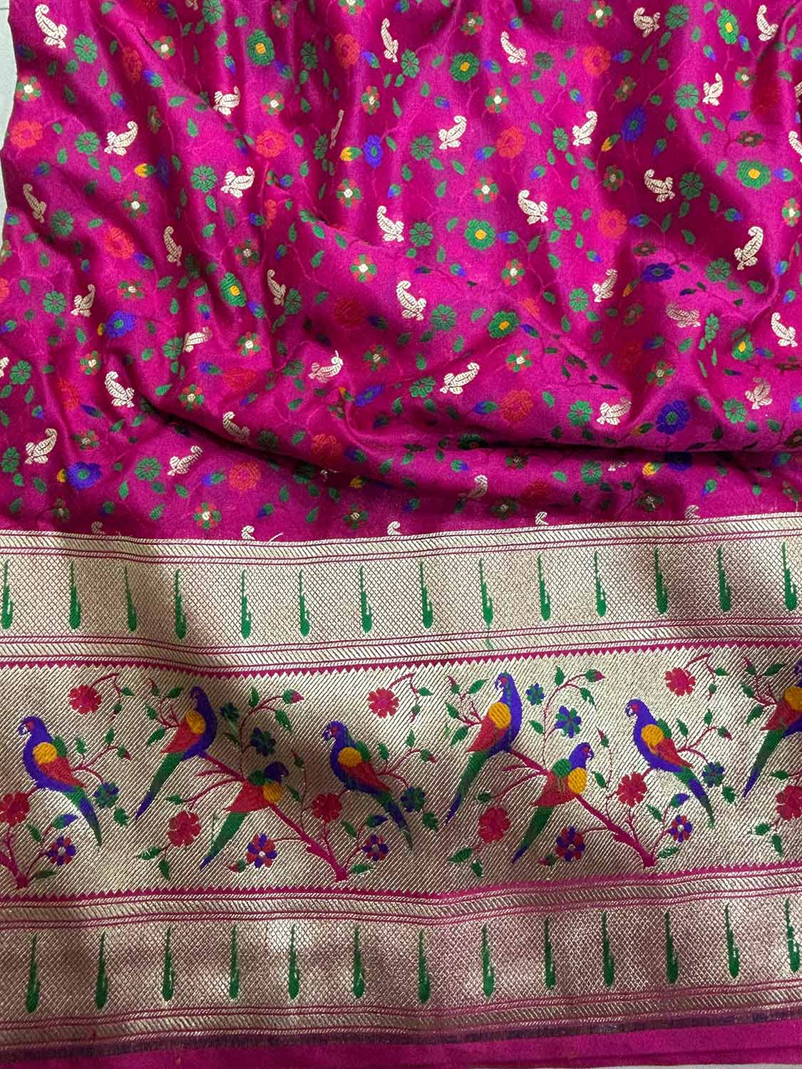 Pink Banarasi Silk Paithani Border Flower And Bird Design Fabric ( 1 Mtr ) - Luxurion World