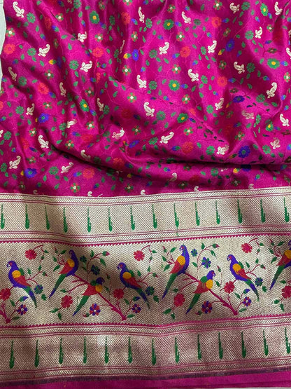 Pink Banarasi Silk Paithani Border Flower And Bird Design Fabric ( 1 Mtr ) - Luxurion World