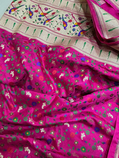 Pink Banarasi Silk Paithani Border Flower And Bird Design Fabric ( 1 Mtr ) - Luxurion World