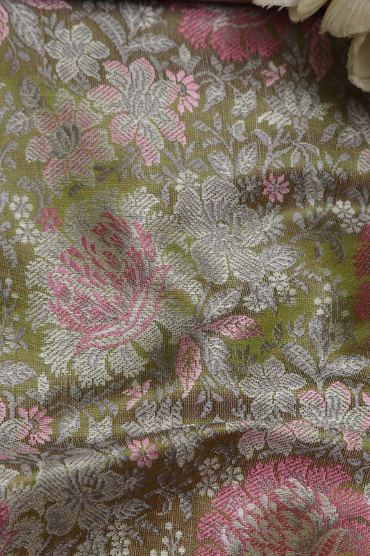 Green Banarasi Resham Tanchui Silk Fabric ( 2.5 Mtr ) - Luxurion World