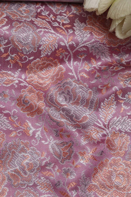 Pink Banarasi Resham Tanchui Silk Flower Design Fabric ( 2.5 Mtr ) - Luxurion World