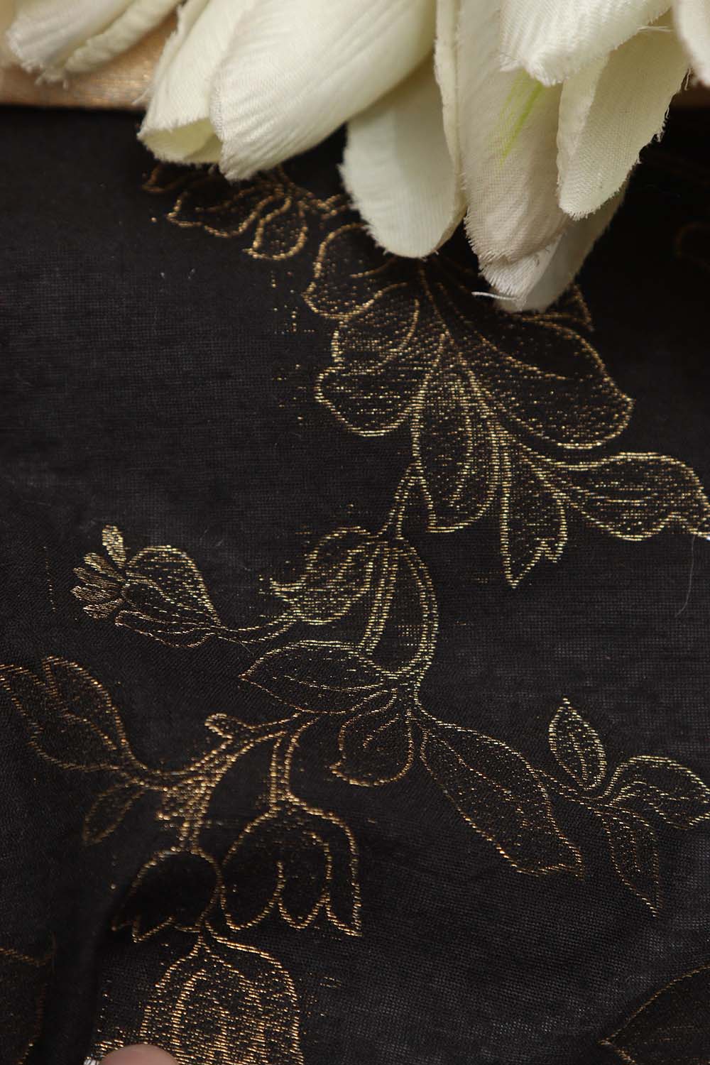 Black Banarasi Cotton Silk Zari Cutwork Fabric ( 2.5 Mtr ) - Luxurion World