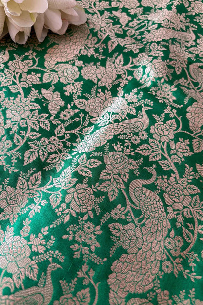 Green Banarasi Pure Katan Silk Peacock And Flower Design Fabric ( 2.5 Mtr ) - Luxurion World