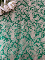 Green Banarasi Pure Katan Silk Peacock And Flower Design Fabric ( 2.5 Mtr ) - Luxurion World