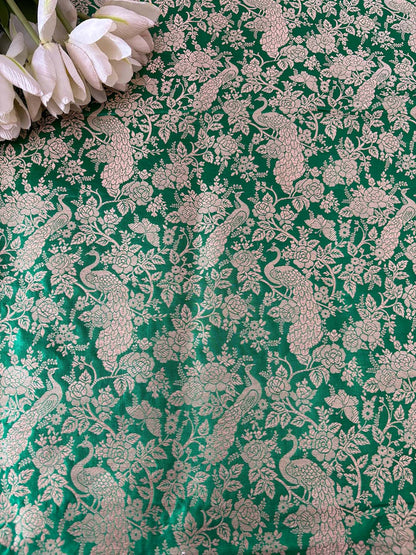 Green Banarasi Pure Katan Silk Peacock And Flower Design Fabric ( 2.5 Mtr ) - Luxurion World