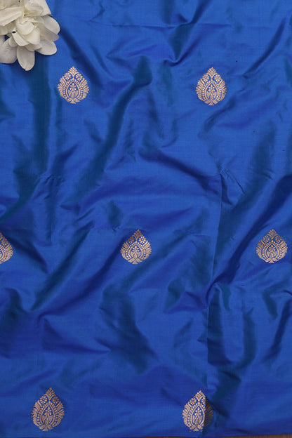 Blue Banarasi Pure Katan Silk Fabric ( 1 Mtr ) - Luxurion World