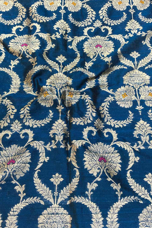 Blue Banarasi Pure Raw Silk Meenakari Fabric ( 1 Mtr ) - Luxurion World