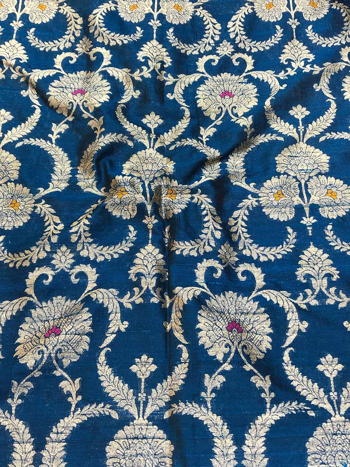 Blue Banarasi Pure Raw Silk Meenakari Fabric ( 1 Mtr ) - Luxurion World