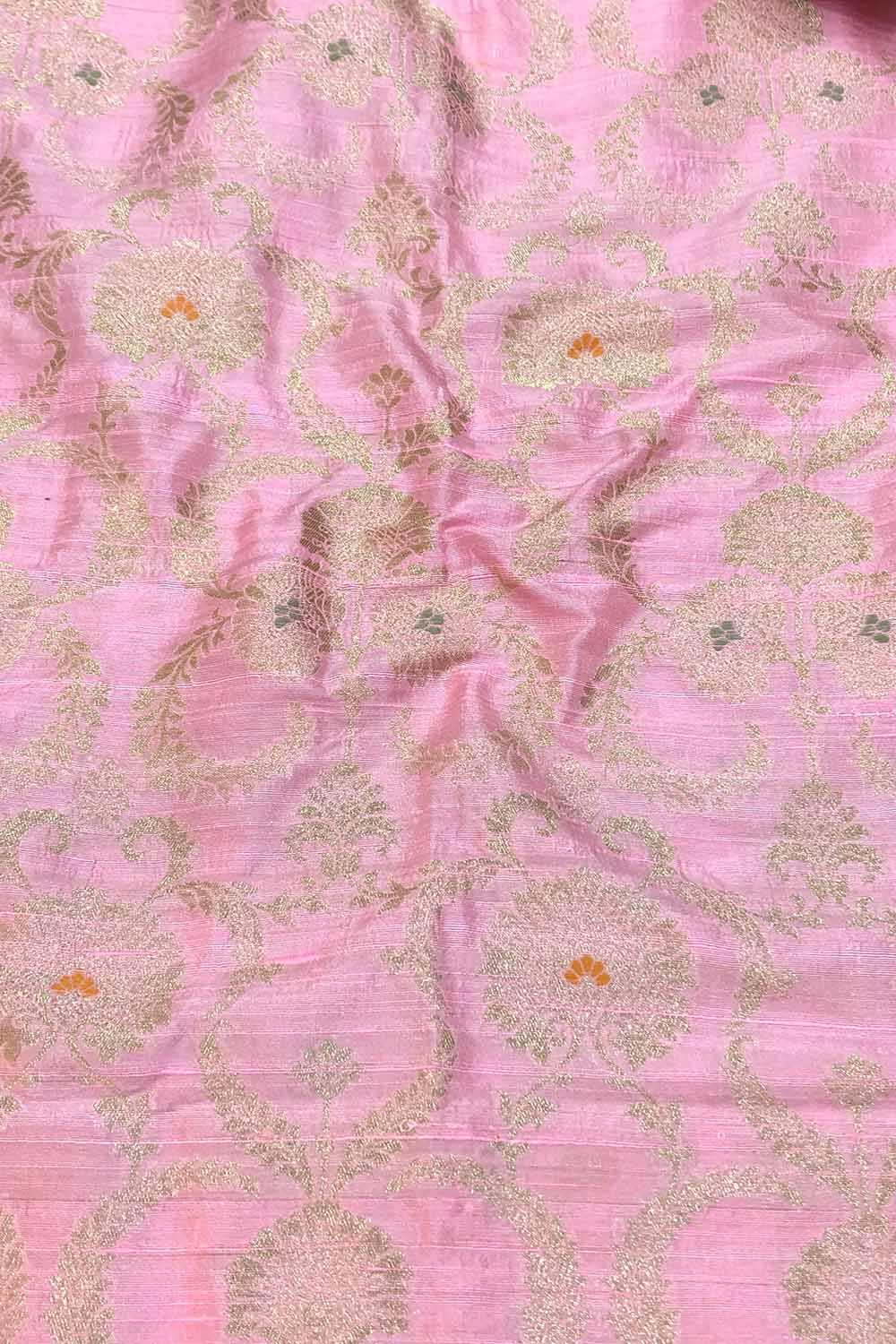 Exquisite Pink Banarasi Pure Raw Silk Meenakari Fabric ( 1 Mtr ) - Luxurion World