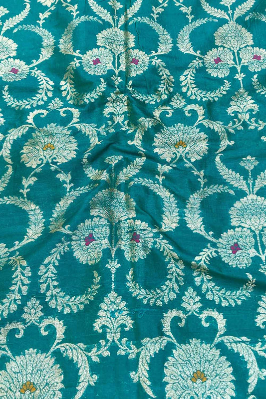 Blue Banarasi Pure Raw Silk Meenakari Fabric ( 1 Mtr ) - Luxurion World