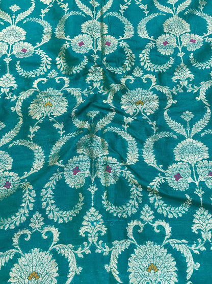 Blue Banarasi Pure Raw Silk Meenakari Fabric ( 1 Mtr ) - Luxurion World