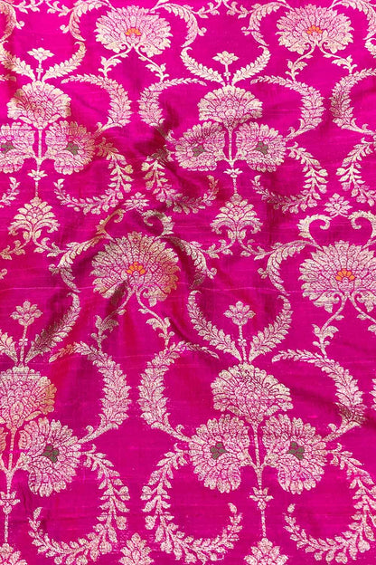 Exquisite Pink Banarasi Pure Raw Silk Meenakari Fabric ( 1 Mtr ) - Luxurion World
