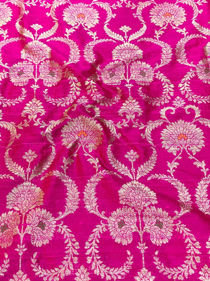 Exquisite Pink Banarasi Pure Raw Silk Meenakari Fabric ( 1 Mtr ) - Luxurion World