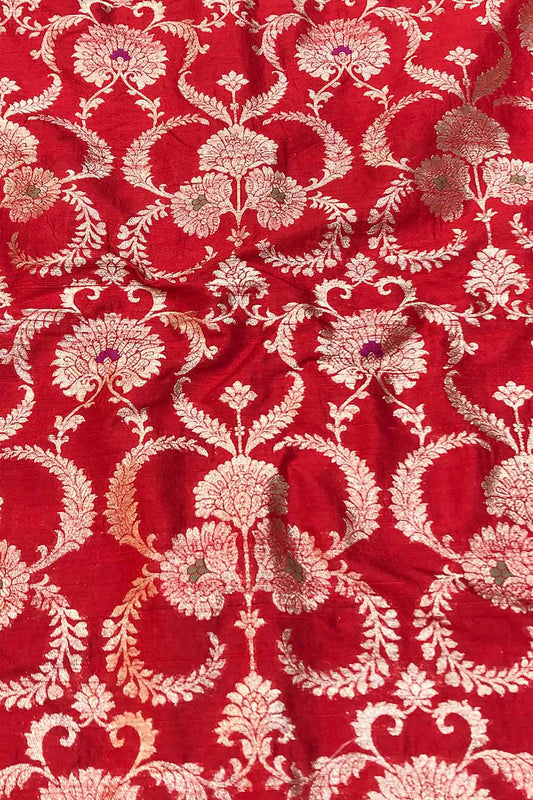 Red Banarasi Pure Raw Silk Meenakari Fabric ( 1 Mtr ) - Luxurion World