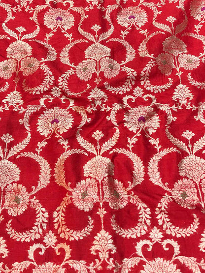 Red Banarasi Pure Raw Silk Meenakari Fabric ( 1 Mtr ) - Luxurion World