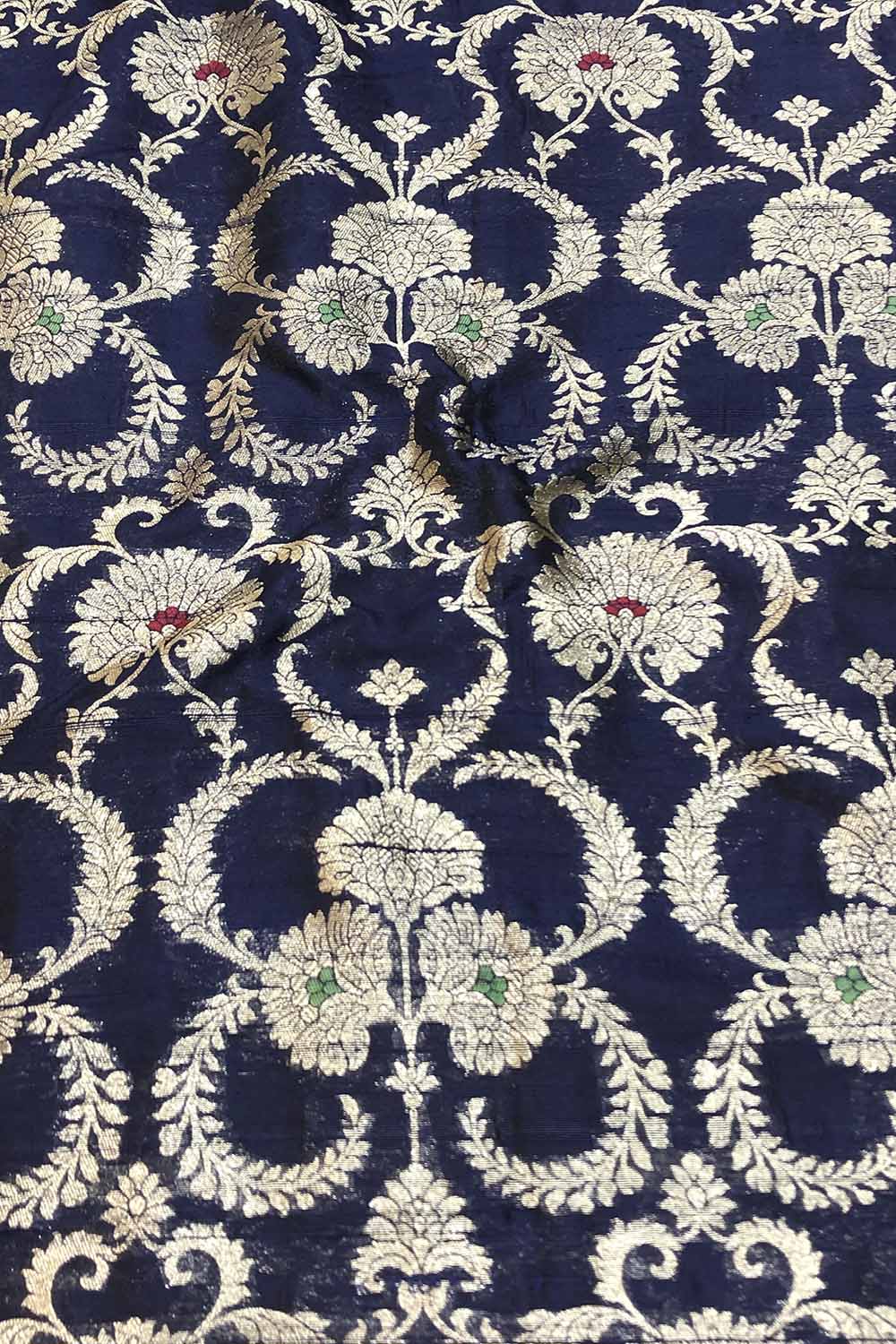 Blue Banarasi Pure Raw Silk Meenakari Fabric ( 1 Mtr ) - Luxurion World