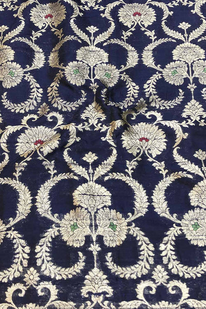 Blue Banarasi Pure Raw Silk Meenakari Fabric ( 1 Mtr ) - Luxurion World