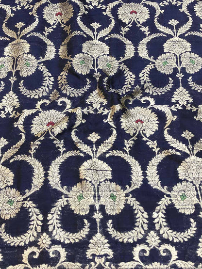 Blue Banarasi Pure Raw Silk Meenakari Fabric ( 1 Mtr ) - Luxurion World