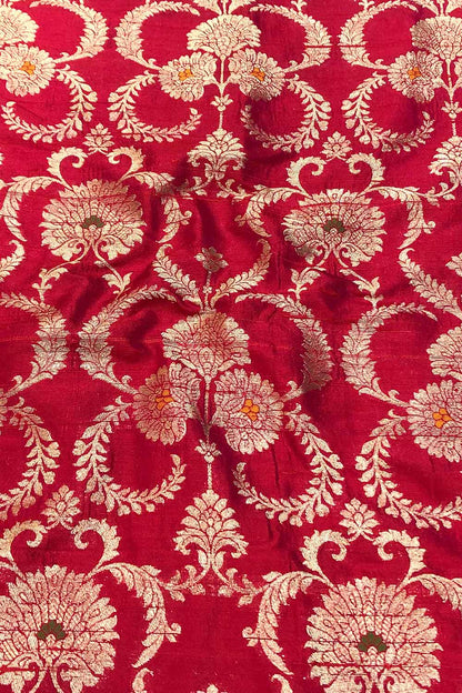 Red Banarasi Pure Raw Silk Meenakari Fabric ( 1 Mtr ) - Luxurion World
