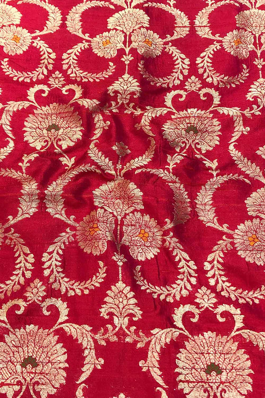 Red Banarasi Pure Raw Silk Meenakari Fabric ( 1 Mtr ) - Luxurion World
