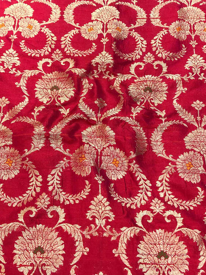 Red Banarasi Pure Raw Silk Meenakari Fabric ( 1 Mtr ) - Luxurion World