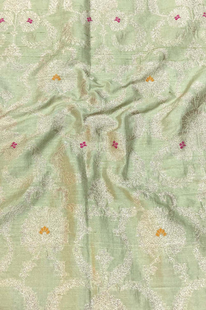 Green Banarasi Pure Raw Silk Meenakari Fabric ( 1 Mtr ) - Luxurion World